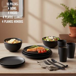 SET VAJILLA PLÁSTICO NEGRO 16 PIEZAS